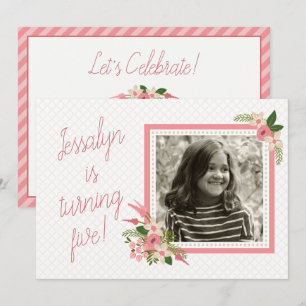 Coral Floral Foto Geburtstag Einladung - zweiseiti