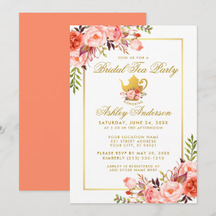 Coral Floral Gold Brautparty Tee Party Einladung