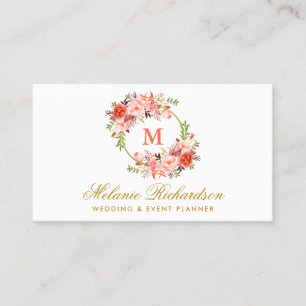 Coral Floral Gold Monogram Visitenkarte