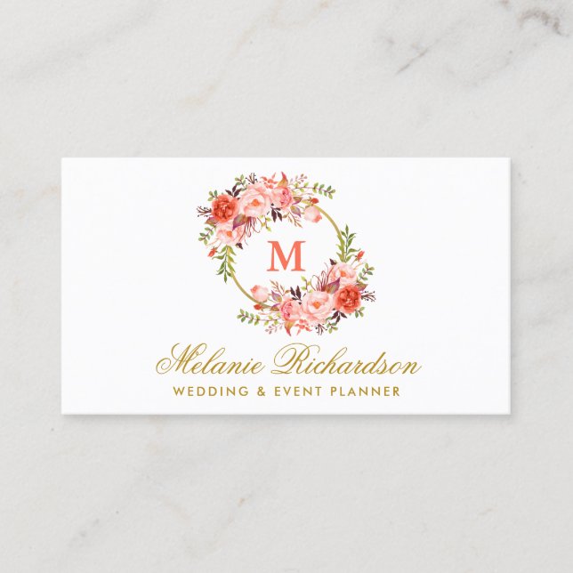 Coral Floral Gold Monogram Visitenkarte (Vorderseite)