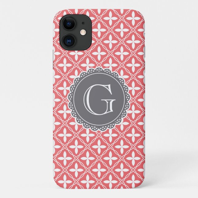 Coral Floral Lattice Muster Grau Monogramm Case-Mate iPhone Hülle (Rückseite)