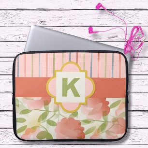 Coral Floral Monogram Laptop Sleeve