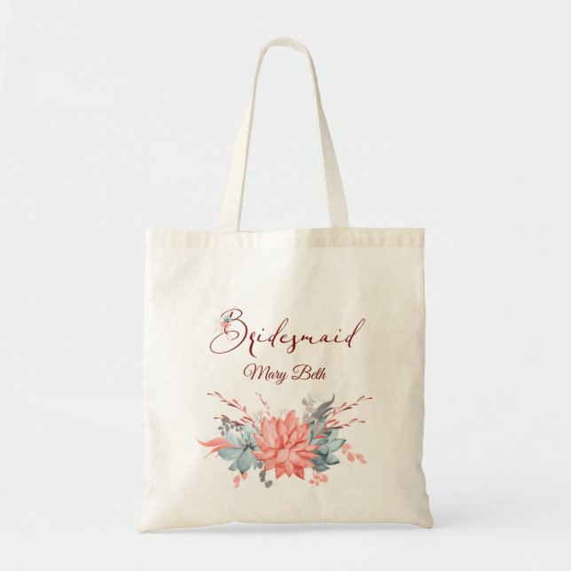 Coral Floral Personalisiert Bridesmaid Tragetasche (Vorne)