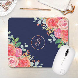 Coral Floral Rose Gold Glitzer Monogram Navy Mousepad