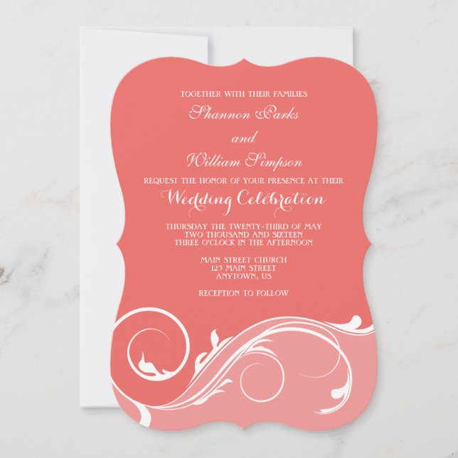 Coral Floral Swirl Bracket Wedites Einladung (Vorderseite)