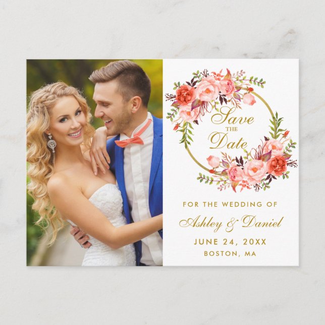Coral Floral Wreath Gold Save the Date Foto Postkarte (Vorderseite)