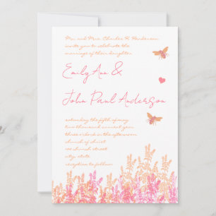 Coral & Fuchsia Blume Bumble Bee Wedding Einladung