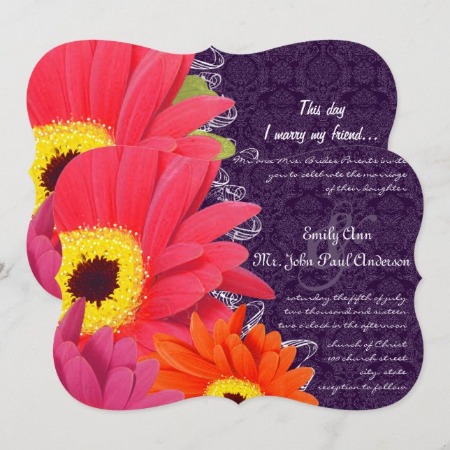 Coral Fuchsia Eggplant Gerber Daisy Wedding Einladung (Vorne/Hinten)