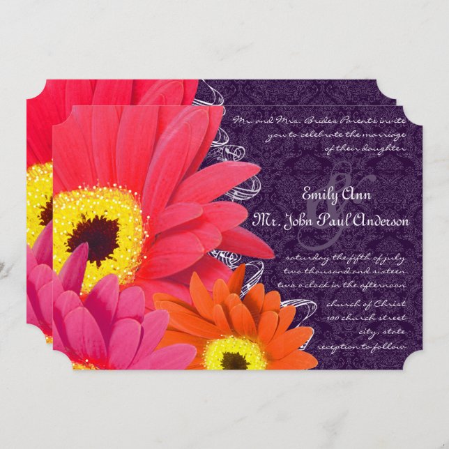 Coral Fuchsia Eggplant Gerber Daisy Wedding Einladung (Vorne/Hinten)