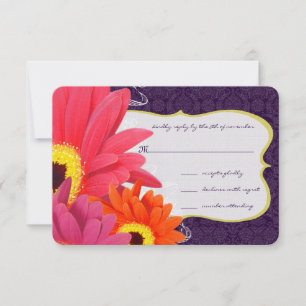 Coral Fuchsia Eggplant Gerber Daisy Wedding RSVP Karte