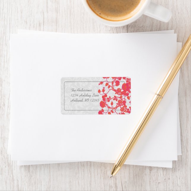 Coral Fuchsia Rose Damask Rücksendeadressen-Aufkle Adressaufkleber (Insitu)