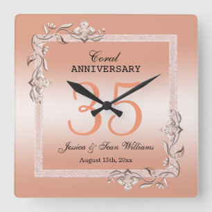 Coral Gem & Glitzer 35. Hochzeitstag Quadratische Wanduhr