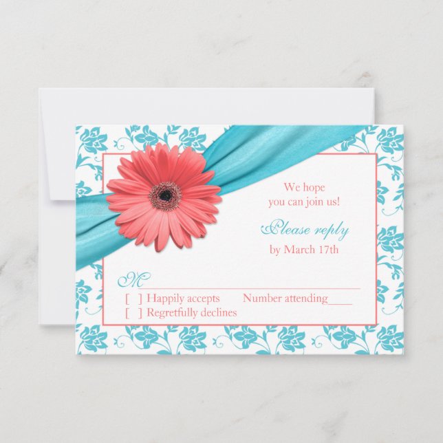 Coral Gerber Daisy Aqua Damask Floral Wedding RSVP (Vorderseite)