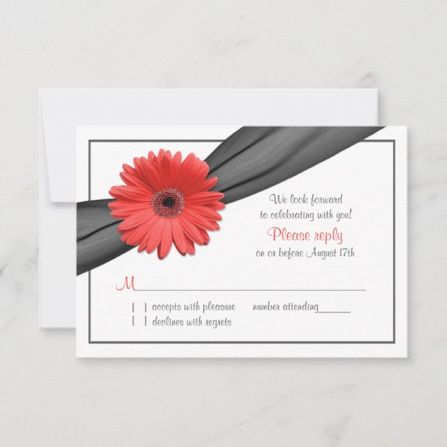 Coral Gerber Daisy Gray Ribbon Wedding RSVP Karte (Vorderseite)