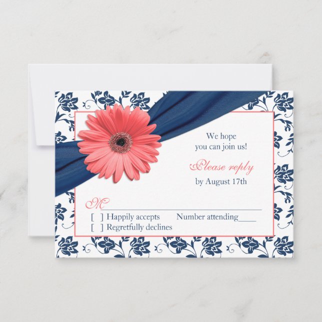 Coral Gerber Daisy Navy Damask Floral Wedding RSVP Karte (Vorderseite)