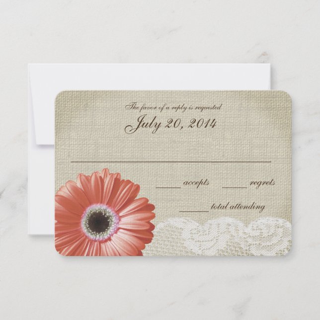 Coral Gerbera Daisy and Lace Wedding Response Card RSVP Karte (Vorderseite)