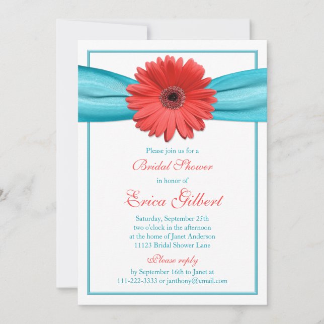 Coral Gerbera Daisy Aqua Ribbon Brautparty Einladung (Vorderseite)