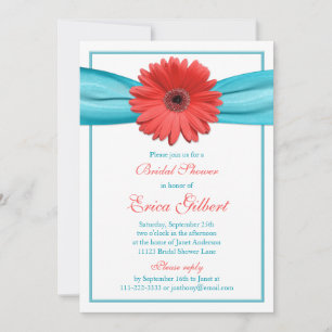 Coral Gerbera Daisy Aqua Ribbon Brautparty Einladung