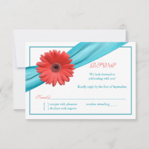 Coral Gerbera Daisy Aqua Ribbon Wedding Repakarte RSVP Karte