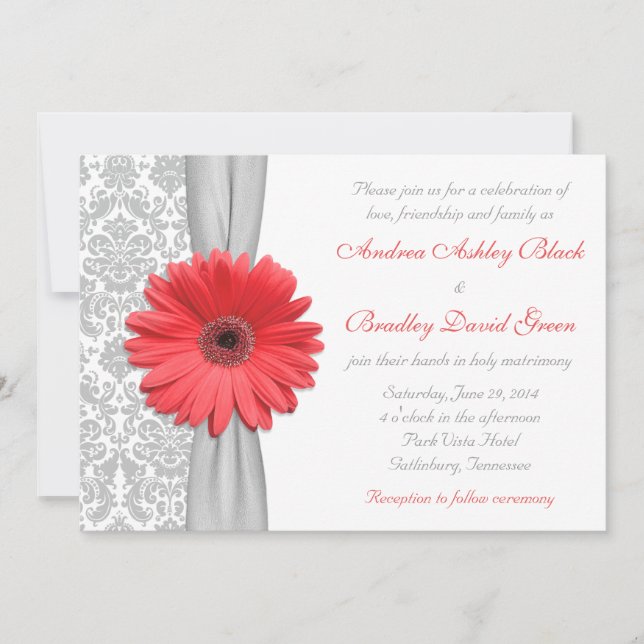 Coral Gerbera Daisy Gray Damask Einladung zur Hoch (Vorderseite)