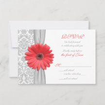 Coral Gerbera Daisy Gray Damask Wedding RSVP Card