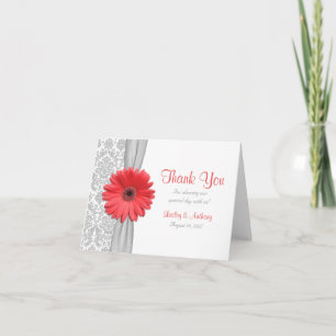 Coral Gerbera Daisy Gray Damask Wedding Vielen Dan Dankeskarte