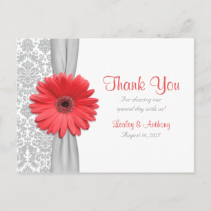 Coral Gerbera Daisy Gray Damask Wedding Vielen Dan Postkarte
