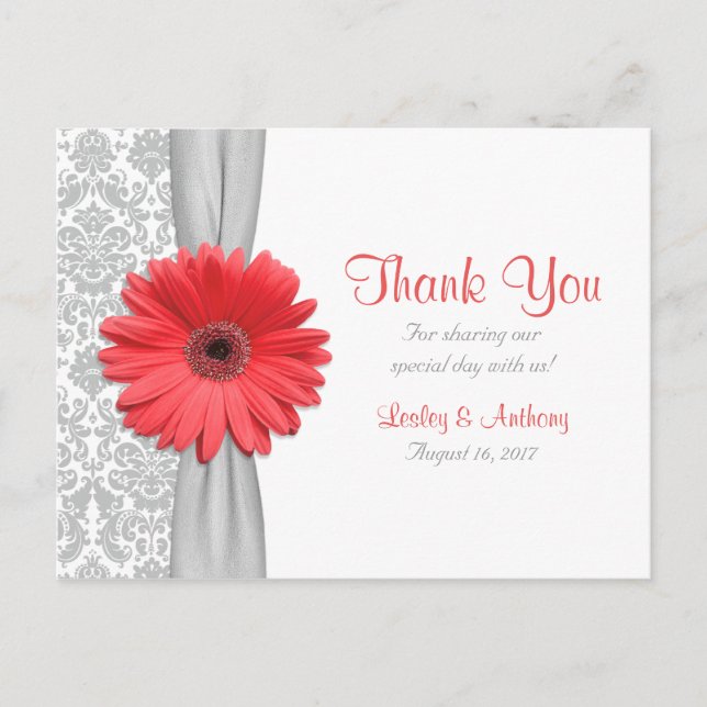 Coral Gerbera Daisy Gray Damask Wedding Vielen Dan Postkarte (Vorderseite)