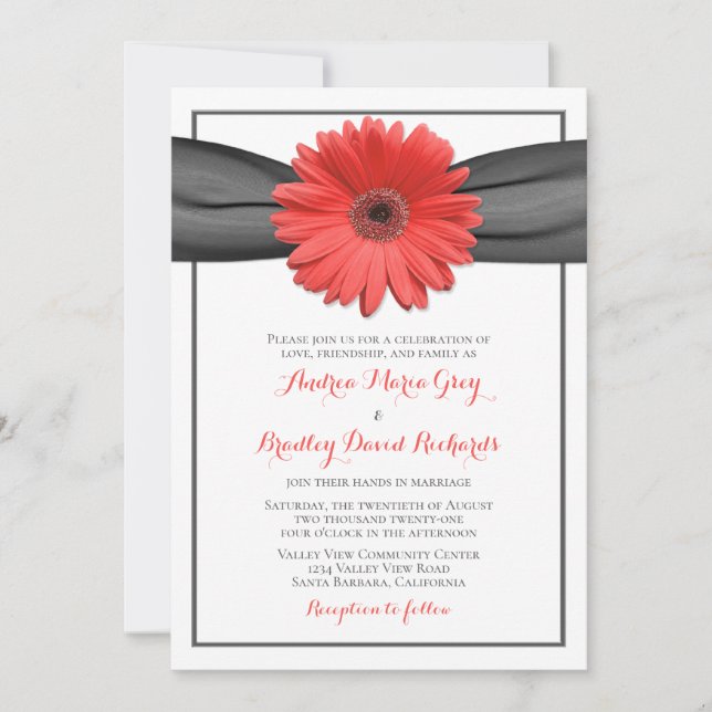 Coral Gerbera Daisy Gray Ribbon Einladung (Vorderseite)