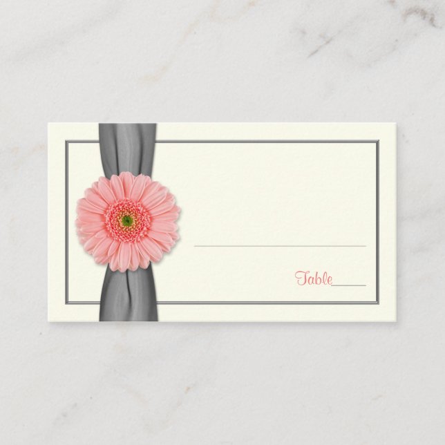 Coral Gerbera Daisy Gray Ribbon Wedding Platzkarte (Vorderseite)