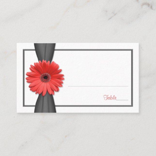 Coral Gerbera Daisy Gray Ribbon Wedding Platzkarte (Vorderseite)