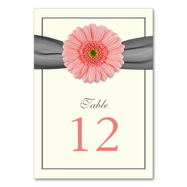 Coral Gerbera Daisy Gray Ribbon Wedding Tischnummer (Vorderseite)