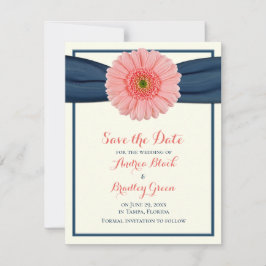 Coral Gerbera Daisy Navy Ribbon Save the Date Card