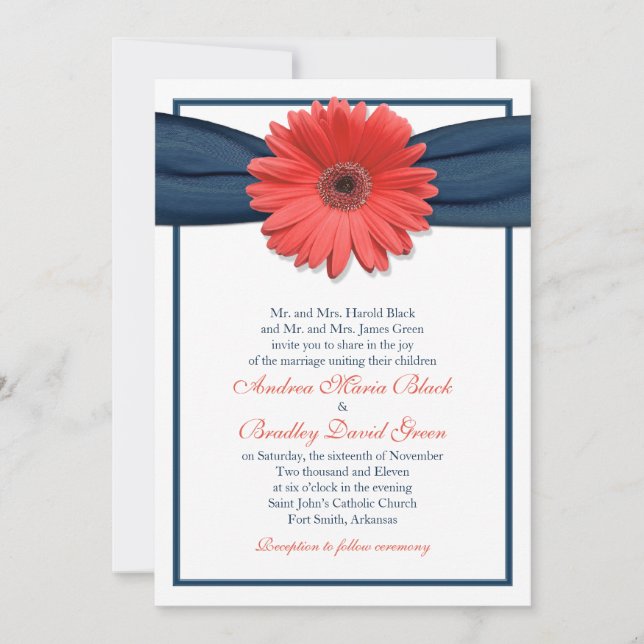 Coral Gerbera Daisy Navy Ribbon Wedding Einladung (Vorderseite)