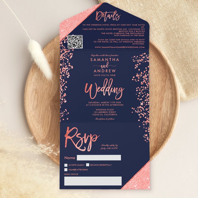 Coral glitter confetti navy blue wedding all in one einladung (Coral glitter confetti navy blue wedding all in one invitation)