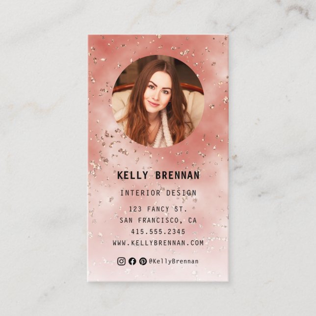 Coral Glitzer Foto Business Card mit QR Code Visitenkarte (Vorderseite)