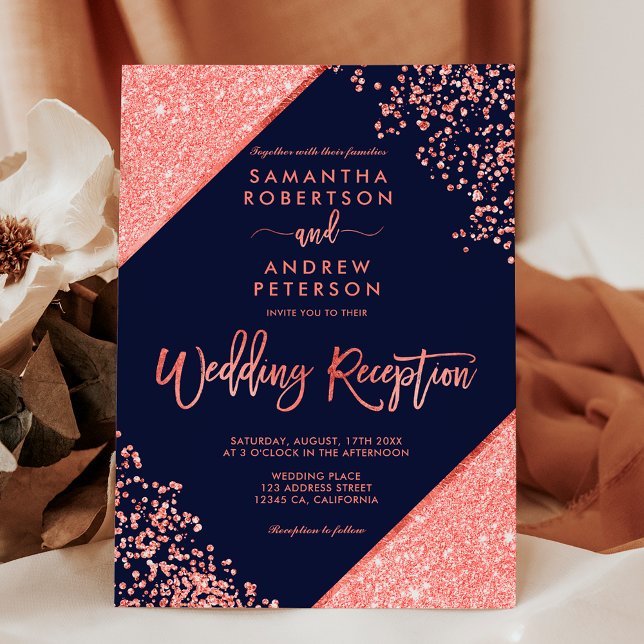 Coral Glitzer Konfetti Marinebracht Hochzeitsempfa Einladung (Coral glitter confetti navy blue wedding reception invitation)
