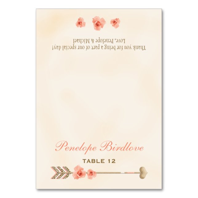 Coral Gold Boho Arrow Rose DIY Zelt Platzkarten Tischnummer (Vorderseite)