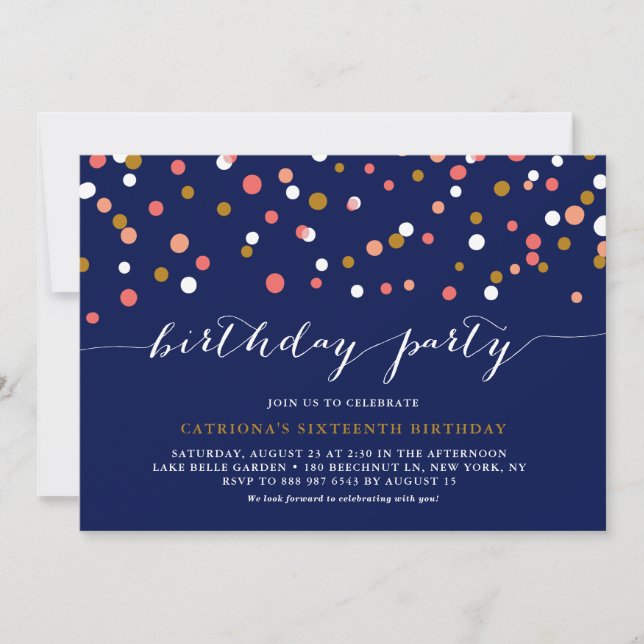 Coral & Gold Confetti Dots Blue Birthday Party Einladung (Vorderseite)