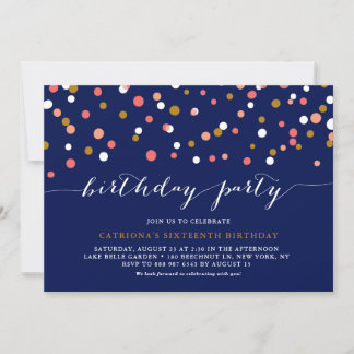Coral & Gold Confetti Dots Blue Birthday Party Einladung