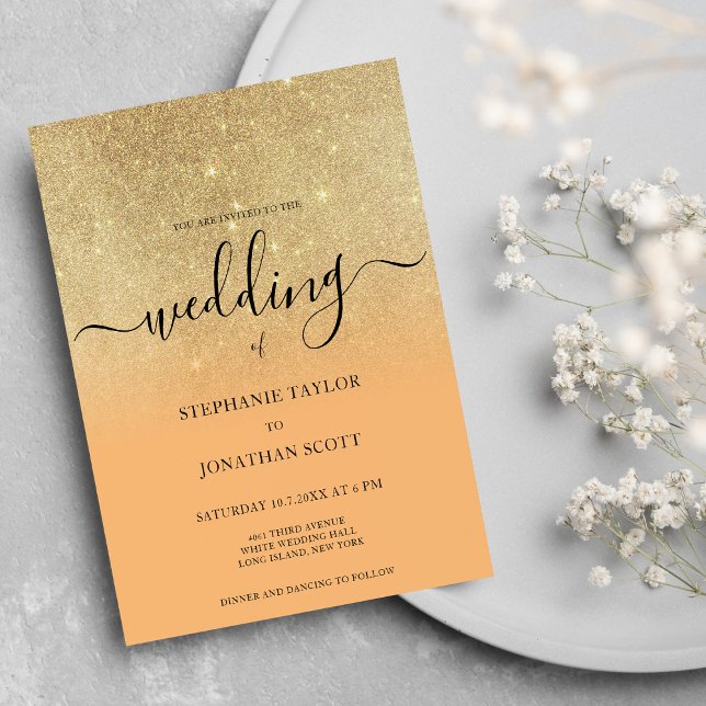Coral gold Glitzer Black Script ombre Hochzeit Einladung (Coral gold glitter black script ombre wedding )