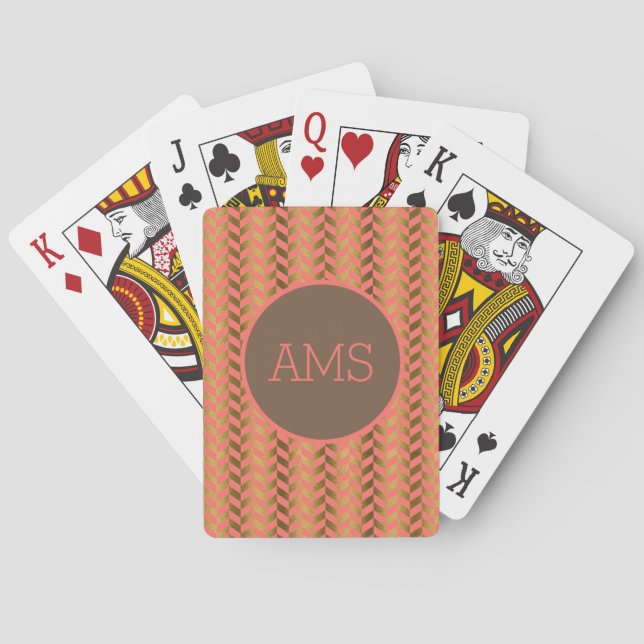 Coral Gold Herringbone Monogram Spielkarten (Rückseite)