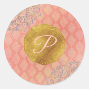 Coral Gold Marokkanischer Glam Monogramm Hochzeits Runder Aufkleber