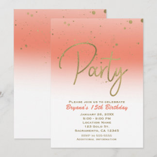 Coral & Gold Modern Glam Confetti Geburtstagsparty Einladung