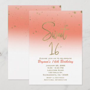 Coral & Gold Modern Glam SWEET 16 Geburtstagsfeier Einladung