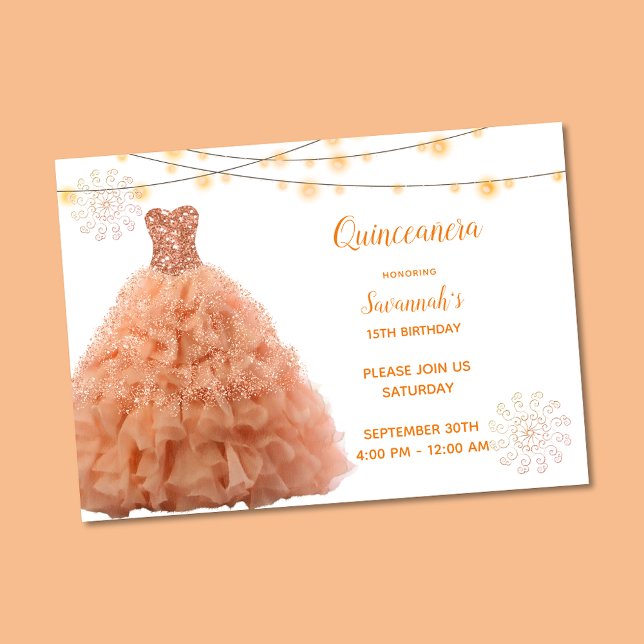 Coral Gown String Lights Quinceanera Einladung (Von Creator hochgeladen)