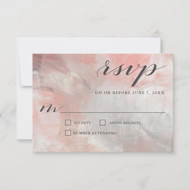 Coral Gray Abstrakt Brushstrokes Wedding RSVP (Vorderseite)