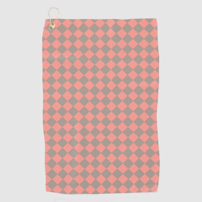 Coral Gray Checker Diamond Pattern Golfhandtuch (Vorderseite)