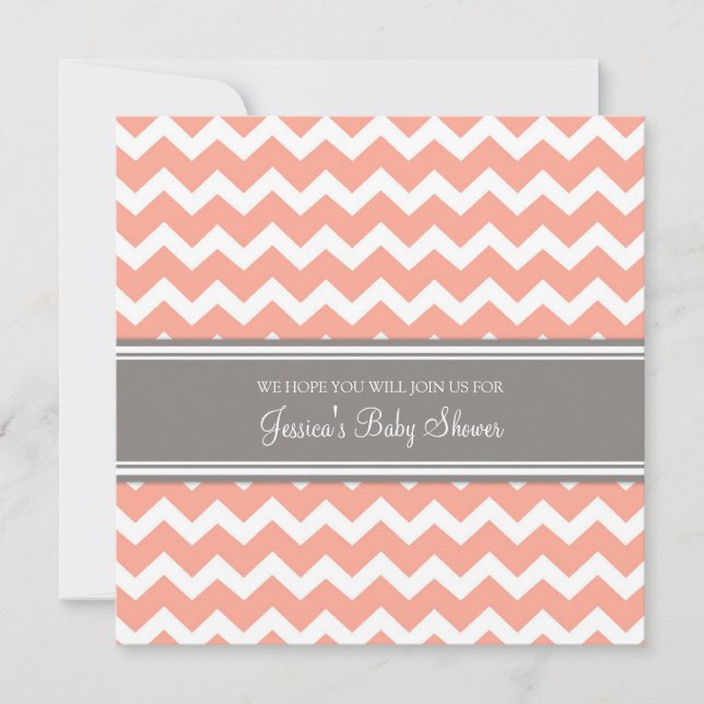 Coral Gray Chevron Custom Baby Shower Einladung (Vorderseite)