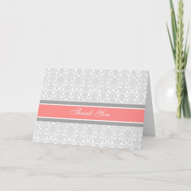 Coral Gray Damask Baby Dusche Danke Karte (Vorderseite)